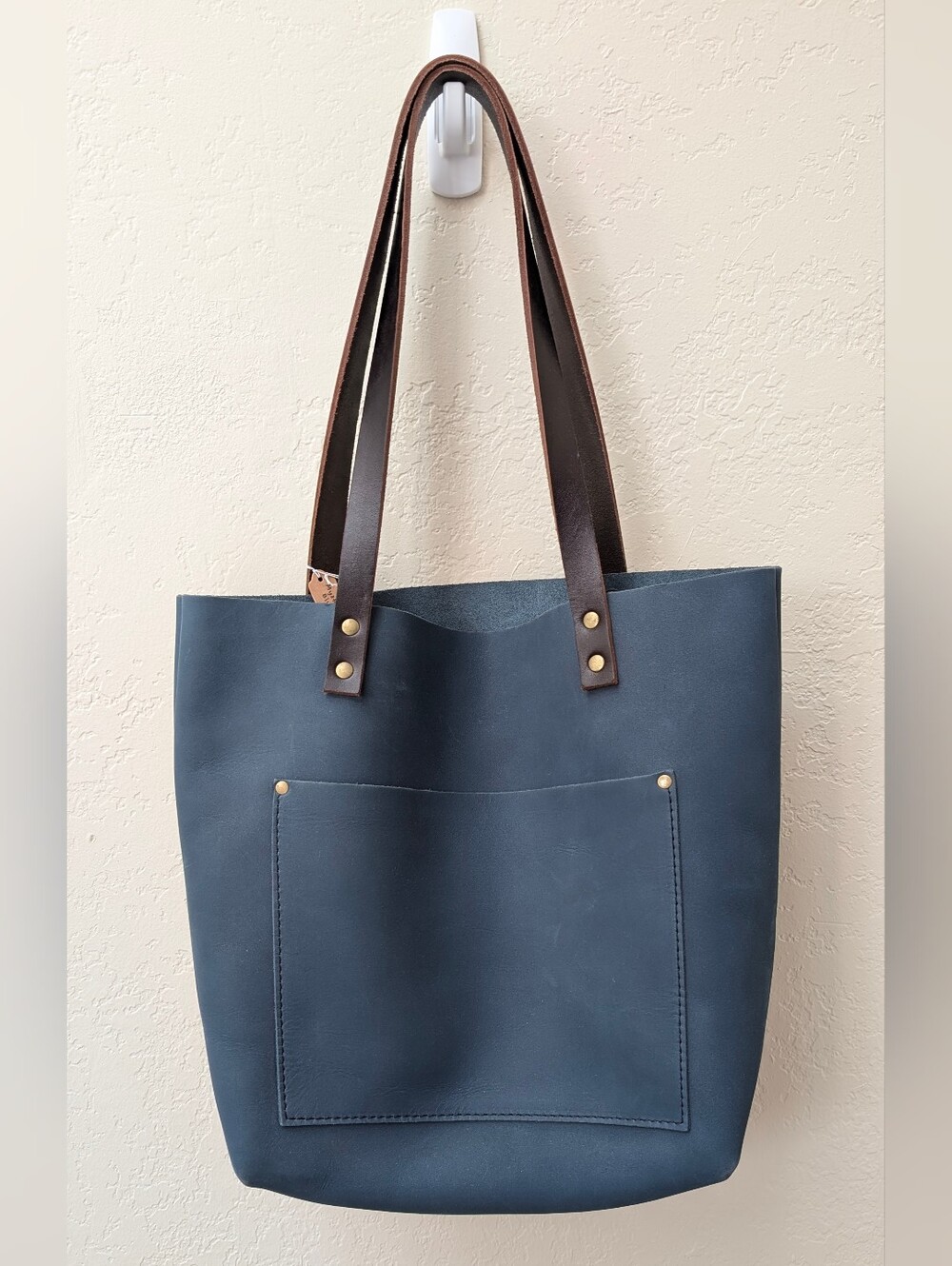 Mystery Blue Medium Classic Tote With Dark Brown Handles, EUC